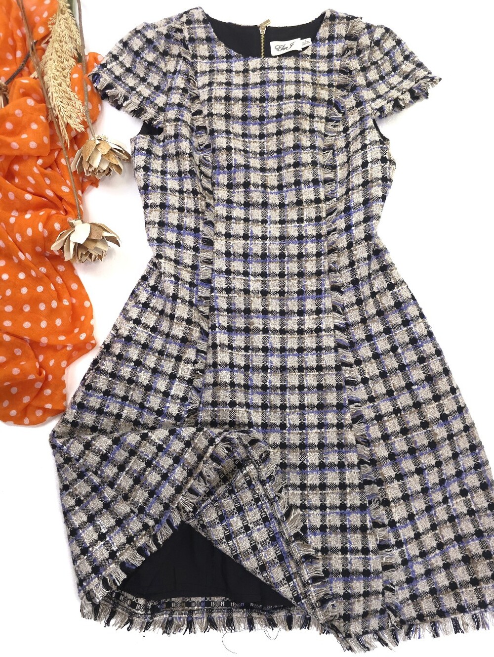 Eliza J Plaid Tweed Dress with Fringe Detail Sz 4